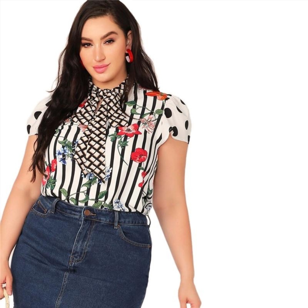 Curvy Tie Neck Mixed Floral Print Blouse